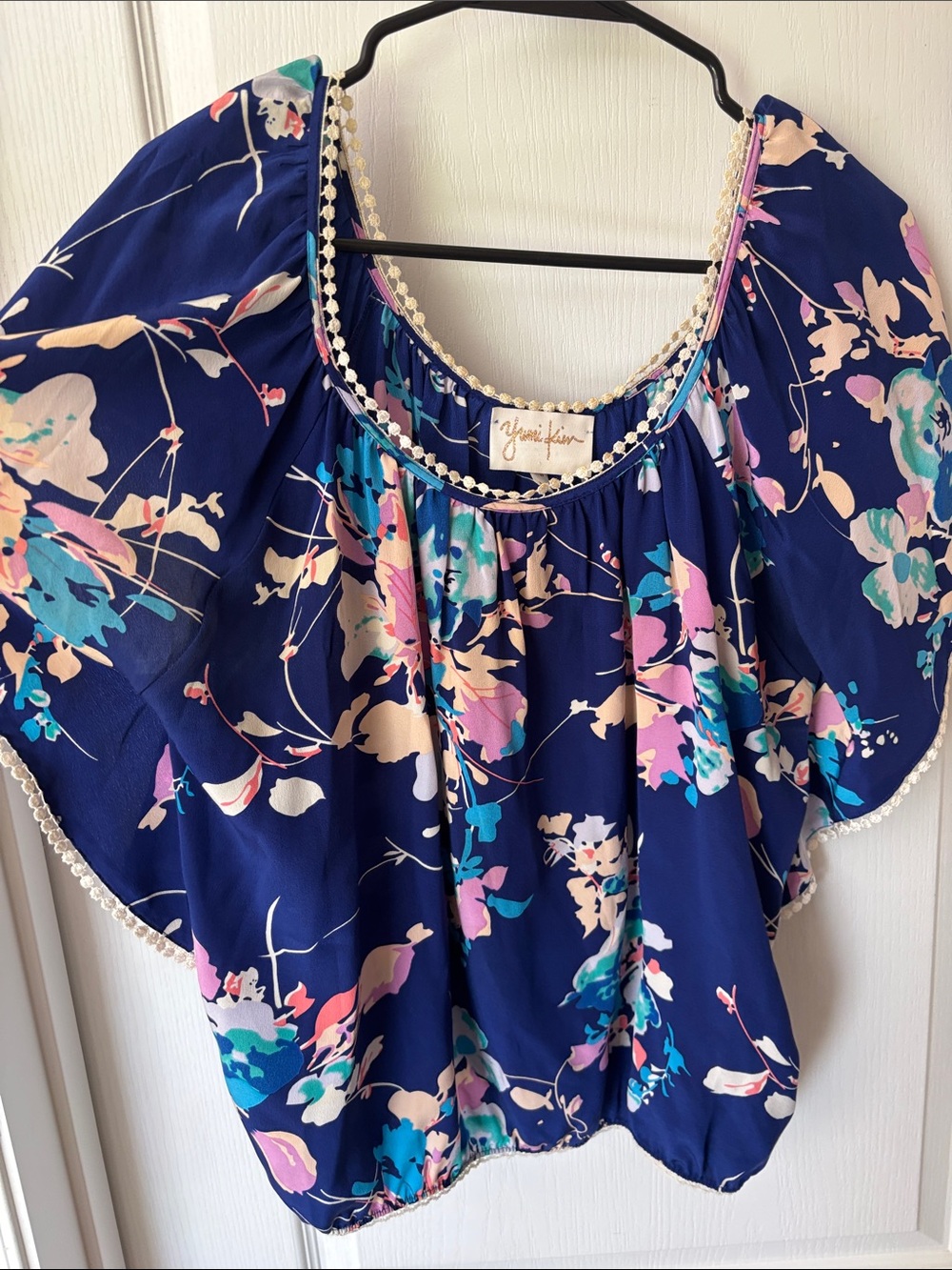 Yumi Kim Navy Floral Off-Shoulder Blouse with Pink and Teal Accents